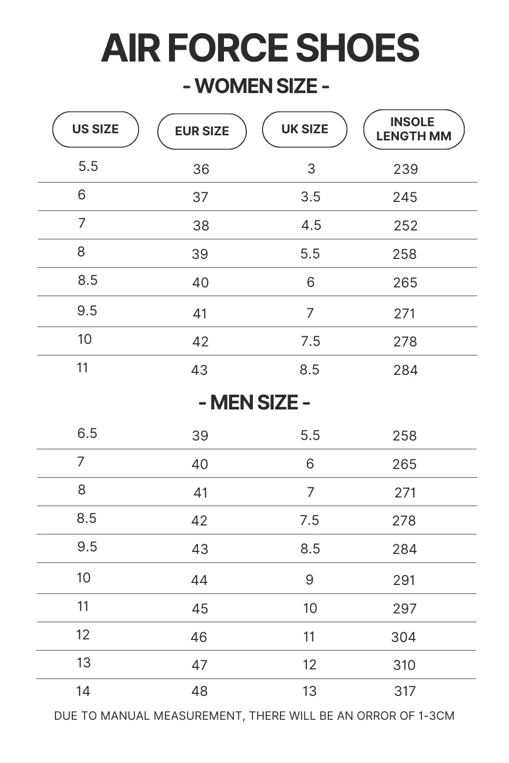 Air Force Shoes Size Chart - Kaiju No. 8 Store