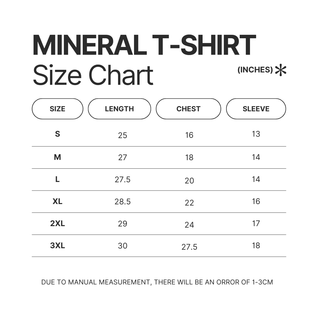 Mineral Wash T shirt Size Chart - Kaiju No. 8 Store