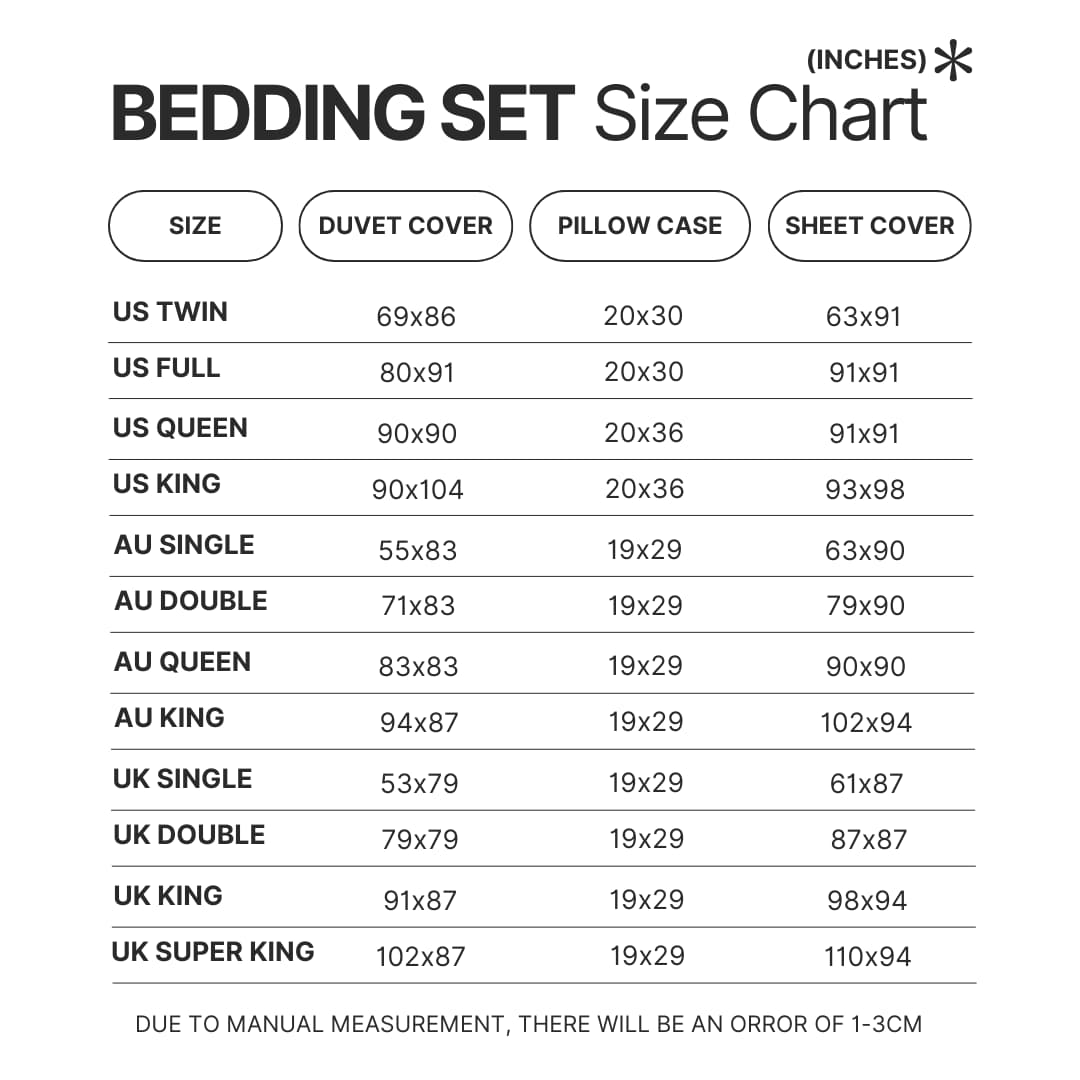 Bedding Set Size Chart - Kaiju No. 8 Store