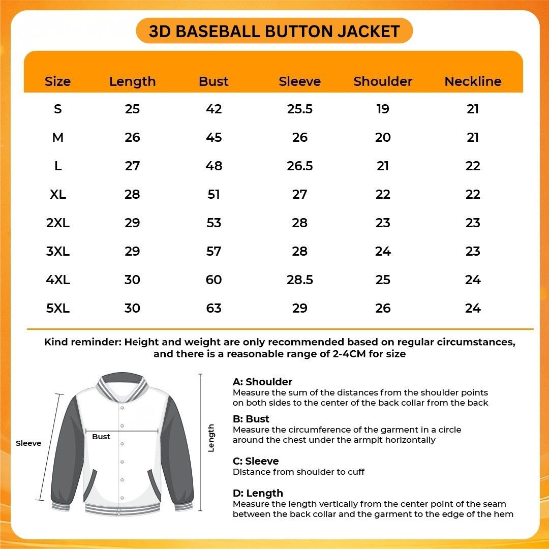 3D Baseball Button Jacket Size Chart - Kaiju No. 8 Store