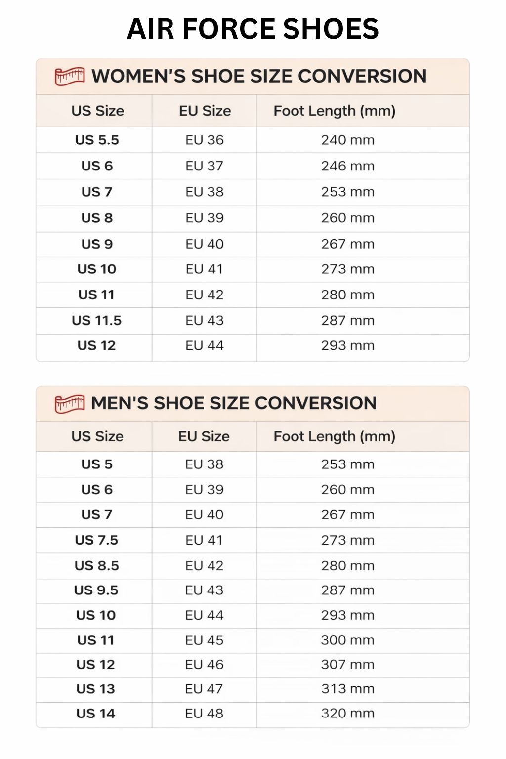 Air Force Shoes Size Chart - Kaiju No. 8 Store